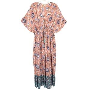 World Market Peach Floral Tassel V-Neck Dolman Boho Maxi Dress